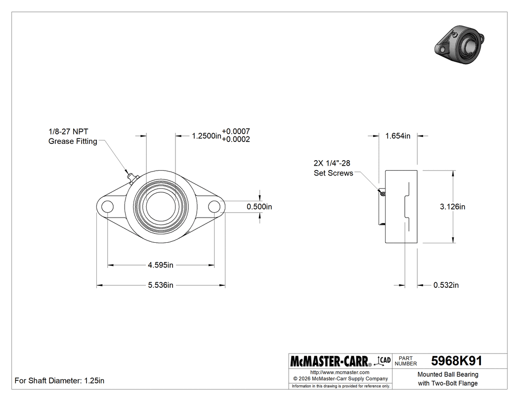 Technical Drawing of Mounted Ball Bearing with Two-Bolt Flange, Cast Iron Housing, Set Screw, 1-1/4" Shaft, 17/32" Thick.